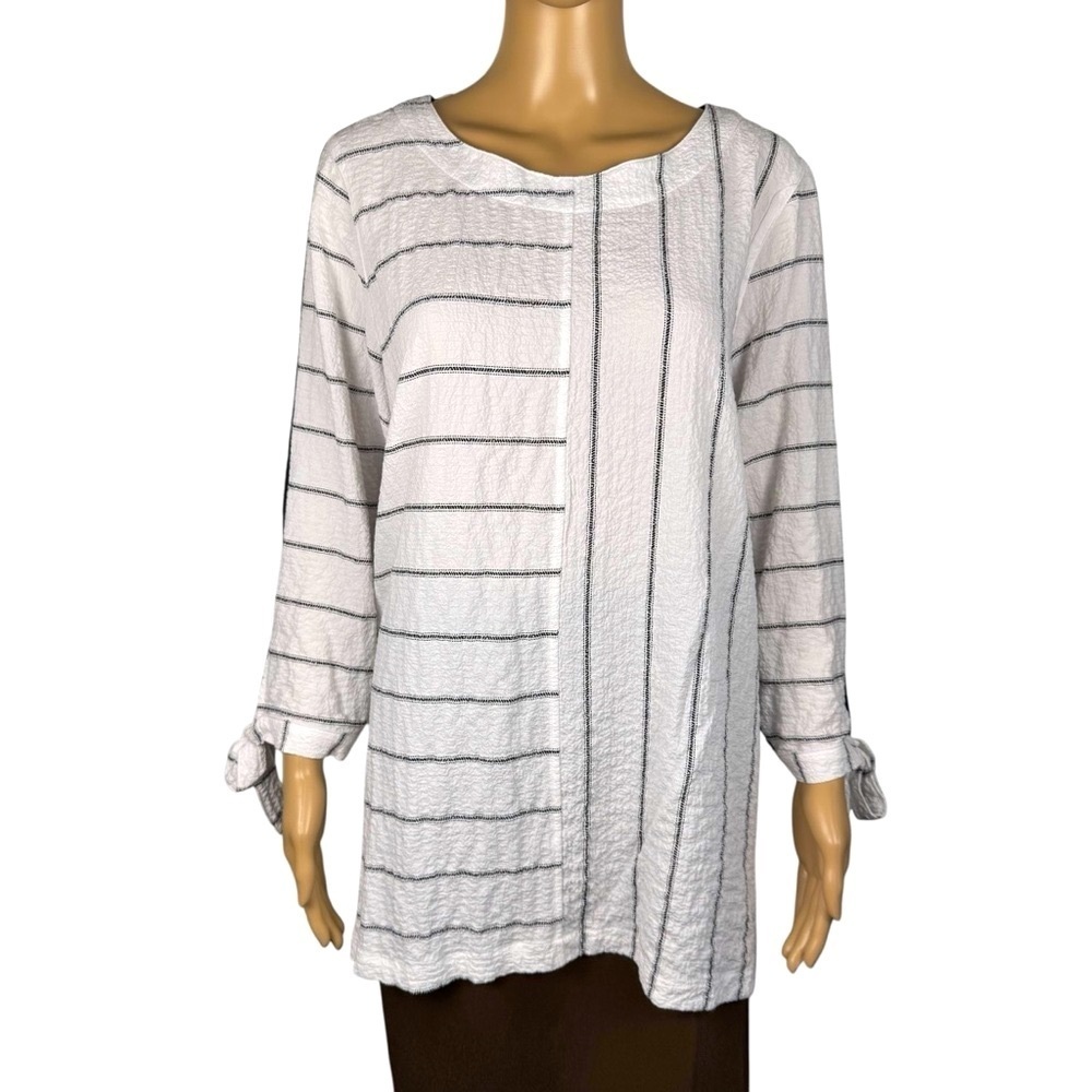 Ali Miles Black White Stripe 3/4 Tie Sleeve Tunic Blouse Size L